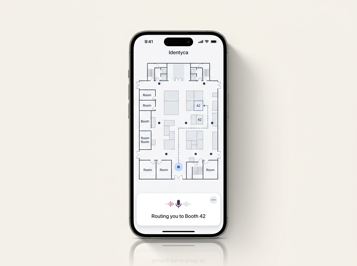 Identyca voice routing mobile interface showing a live venue route