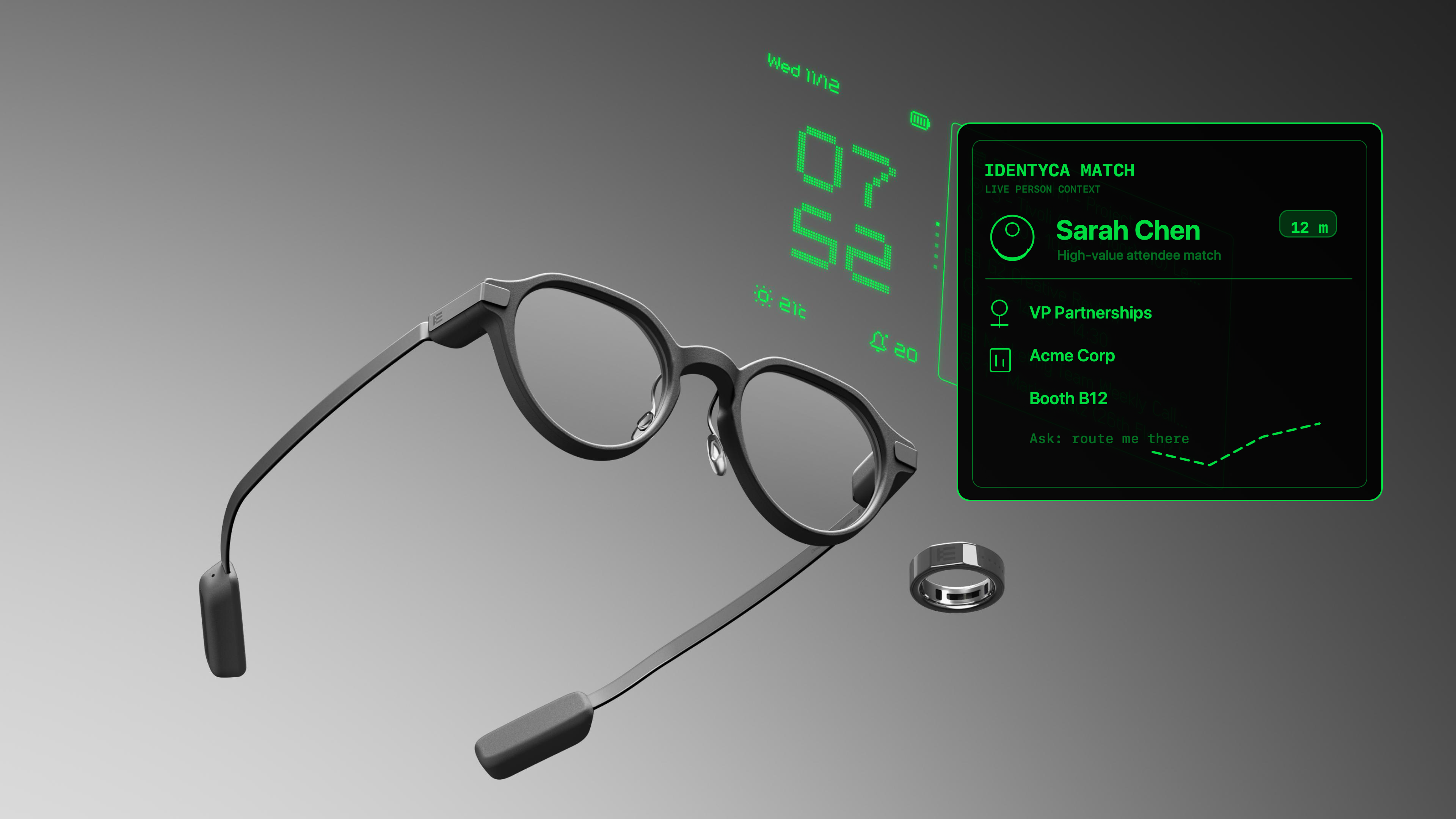Even G2 smart-glasses view with an Identyca green person-information dashboard
