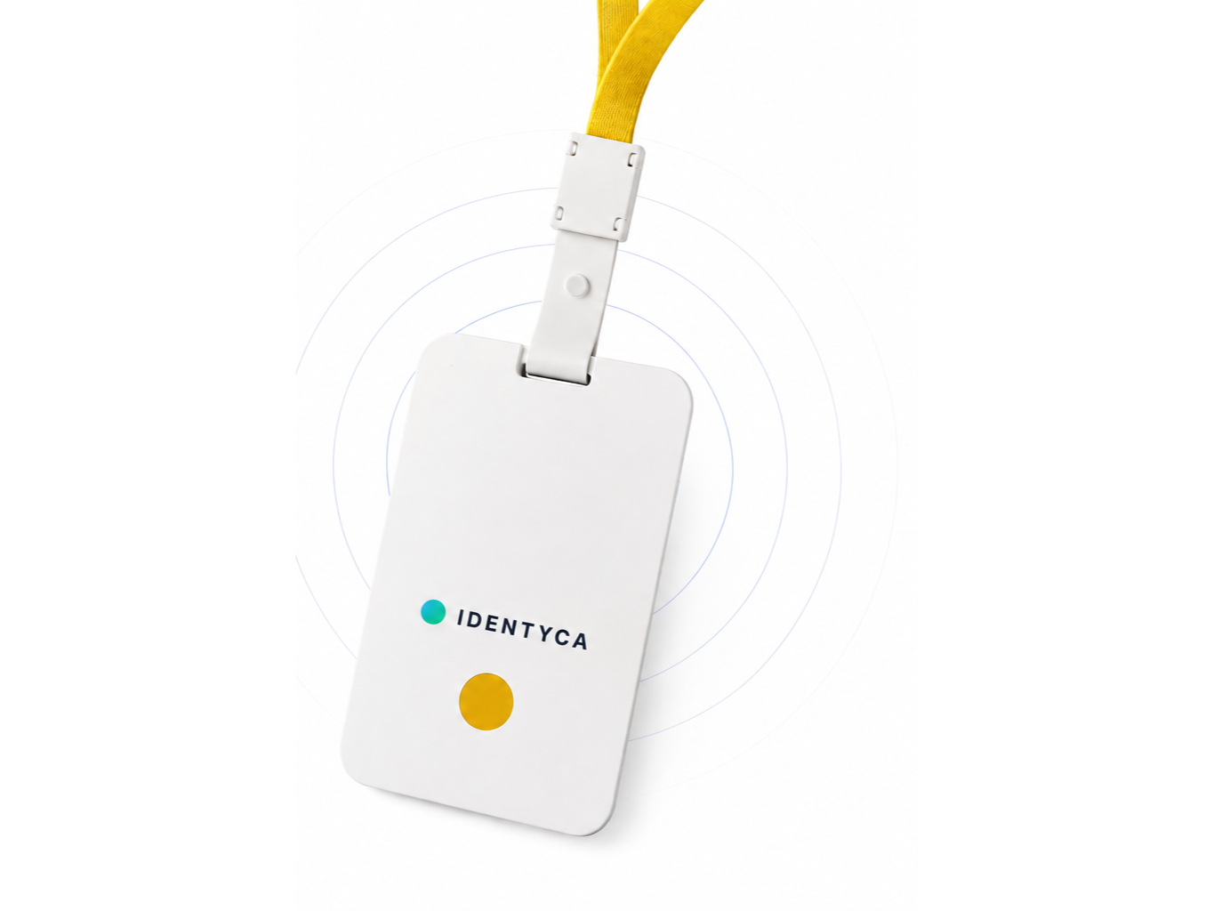 Identyca UWB smart badge with yellow lanyard and clean radar rings